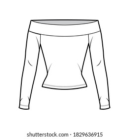 Off-the-shoulder stretch top technical fashion illustration with long sleeves, close-fitting shape. Flat shirt outwear apparel template front, white color. Women, men, unisex blouse CAD mockup