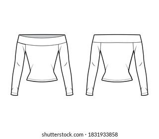 Off-the-shoulder stretch top technical fashion illustration with long sleeves, close-fitting shape. Flat shirt outwear apparel template front, back, white color. Women, men, unisex blouse CAD mockup