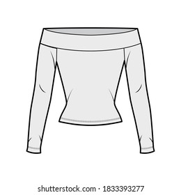 Off-the-shoulder stretch top technical fashion illustration with long sleeves, close-fitting shape. Flat shirt outwear apparel template front, grey color. Women, men, unisex blouse CAD mockup