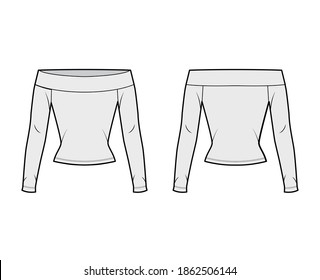 Off-the-shoulder stretch top technical fashion illustration with long sleeves, close-fitting shape. Flat shirt outwear apparel template front, back grey color. Women, men, unisex blouse CAD mockup