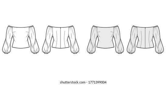 Off-the-shoulder top technical fashion illustration with long sheer puffy sleeves, back zip fastening. Flat apparel blouse template front, back, grey white color. Women, men and unisex mockup CAD