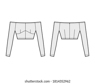Off-the-shoulder top technical fashion illustration with close fit, long sleeves, concealed zip fastening along back. Flat apparel template front, back, grey color. Women men unisex shirt CAD mockup