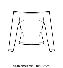 Off-the-shoulder top technical fashion illustration with close fit, long sleeves, concealed zip fastening along back. Flat apparel template front, white color. Women men unisex shirt CAD mockup