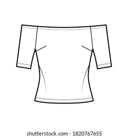 Off-the-shoulder top technical fashion illustration with close fit, short sleeves, concealed zip fastening along back. Flat apparel template front, white color. Women men unisex shirt CAD mockup