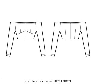 Off-the-shoulder top technical fashion illustration with close fit, long sleeves, concealed zip fastening along back. Flat apparel template front, back, white color. Women men unisex shirt CAD mockup