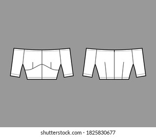 Off-the-shoulder top technical fashion illustration with close fit, short sleeves, concealed zip fastening along back. Flat apparel template front, back, white color. Women men unisex shirt CAD mockup