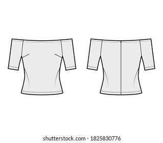 Off-the-shoulder top technical fashion illustration with close fit, short sleeves, concealed zip fastening along back. Flat apparel template front, back grey color. Women men unisex shirt CAD mockup