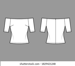 Off-the-shoulder top technical fashion illustration with close fit, short sleeves, concealed zip fastening along back. Flat apparel template front, back, white color. Women men unisex shirt mockup