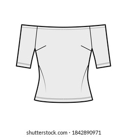 Off-the-shoulder top technical fashion illustration with close fit, short sleeves, concealed zip fastening along back. Flat apparel template front, grey color. Women men unisex shirt CAD mockup