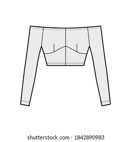 Off-the-shoulder top technical fashion illustration with close fit, long sleeves, concealed zip fastening along back. Flat apparel template front, grey color. Women men unisex shirt CAD mockup