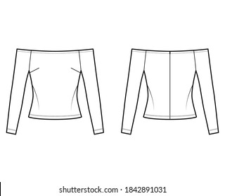 Off-the-shoulder top technical fashion illustration with close fit, long sleeves, concealed zip fastening along back. Flat apparel template front, back, white color. Women men unisex shirt CAD mockup