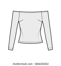 Off-the-shoulder top technical fashion illustration with close fit, long sleeves, concealed zip fastening along back. Flat apparel template front, grey color. Women men unisex shirt CAD mockup