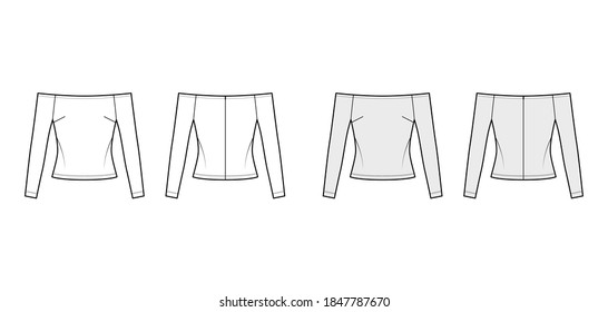 Off-the-shoulder top technical fashion illustration with close fit, long sleeves, concealed zip fastening along back. Flat apparel template front, back, white grey color. Women men unisex shirt mockup