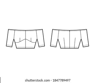 Off-the-shoulder top technical fashion illustration with close fit, short sleeves, concealed zip fastening along back. Flat apparel template front, back, white color. Women men unisex shirt CAD mockup