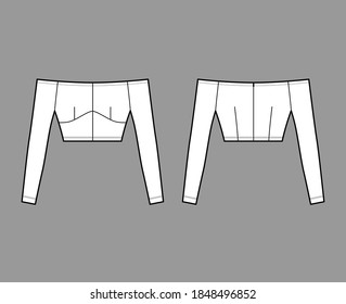 Off-the-shoulder top technical fashion illustration with close fit, long sleeves, concealed zip fastening along back. Flat apparel template front, back, white color. Women men unisex shirt CAD mockup