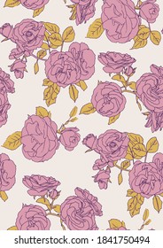 off-white and pink vector flowers seamless pattern. background with wild roses. Line art vector.