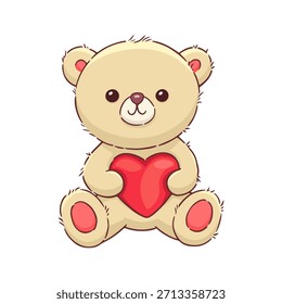 Oso de peluche blanco roto con corazón. Lindo juguete de peluche de dibujos animados. Dulce regalo de amor - osito de peluche de color crema con corazón rojo. Saludo de San Valentín. Ilustración vectorial Kawaii aislada sobre fondo blanco.