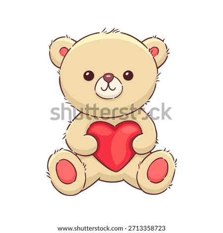 Off-white teddy bear with heart. Cute cartoon stuffed toy. Sweet love gift - cream color teddy bear holding red heart. Valentines day greeting. Kawaii vector illustration isolated on white background.