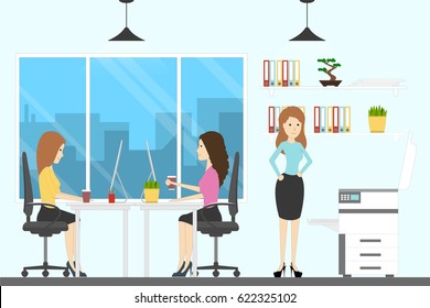 Ofice room with workers. Female employees work and drink coffee.