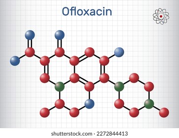 Ofloxacin fluoroquinolone molecule. It is quinolone antibiotic, antibacterial drug. Structural chemical formula and molecule model. Sheet of paper in a cage. Vector illustration