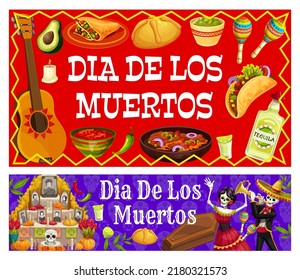 Ofrenda y comida del Día de los Muertos Mexicanos festividades. Pancartas vectoriales con fotos del día del altar muerto, personajes de músicos esqueletos de Catrina y mariachi, mex food, calavera de azúcar y ataúd