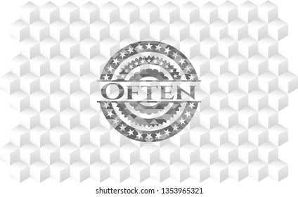 Often realistic grey emblem with geometric cube white background