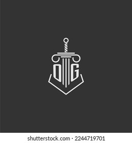 OG initial monogram law firm with sword and pillar logo design