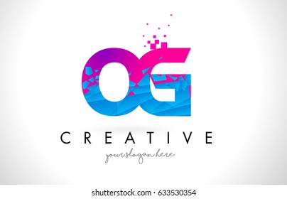 OG O G Letter Logo with Broken Shattered Blue Pink Triangles Texture Design Vector Illustration.