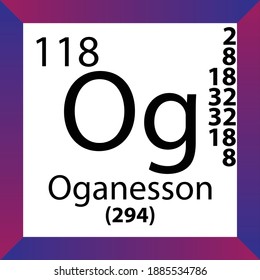 Og Oganesson Chemical Element Periodic Table. Single vector illustration, colorful Icon with molar mass, electron conf. and atomic number for Lab, science or chemistry class.