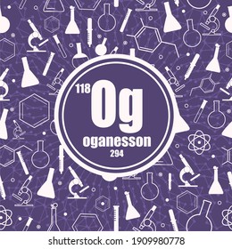Oganesson chemical element. Sign with atomic number and atomic weight. Chemical element of periodic table. Connected lines with dots. Circle frame with icons.