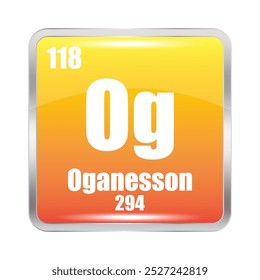 Oganesson icon. Og chemical element. Atomic number 118. Mass 294. Yellow square symbol.