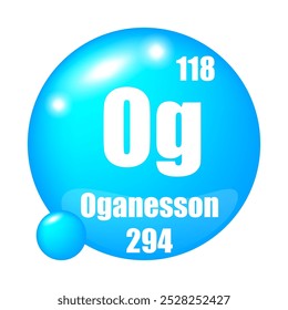 Oganesson icon. Og chemical element. Atomic number 118. Mass 294. Blue sphere image. Vector symbol.