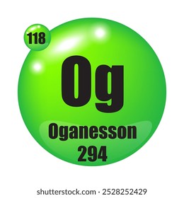 Oganesson icon. Og chemical element. Atomic number 118. Mass 294. Green sphere image. Vector symbol.