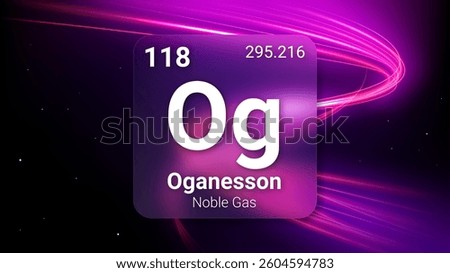 Oganesson (Og) (118) Noble Gas, Glass Morphism Element Futuristic Neon Light Glow Background Periodic Table, Chemical Symbol, Name, Atomic Mass, Atomic Number, Vector Illustration