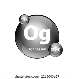Oganesson (Og) elemento químico Estructura de iconos forma redonda de círculo gris, plata, negro fácilmente. Tabla periódica Firma con número atómico. Estudio en ciencia para la educación. Vector de ilustración 3D.