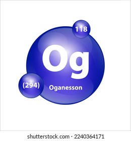 Oganesson (Og) Symbol Struktur chemischen Element rund Form Kreis blau dunkel. 3D-Illustrationsvektor. Chemisches Element der periodischen Tabelle Zeichen mit Atomnummer. Studium der Wissenschaft für Bildung. 