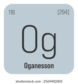 Oganesson, Og, periodic table element with name, symbol, atomic number and weight. Synthetic element with very short half-life, created through nuclear reactions in a laboratory. Its properties are