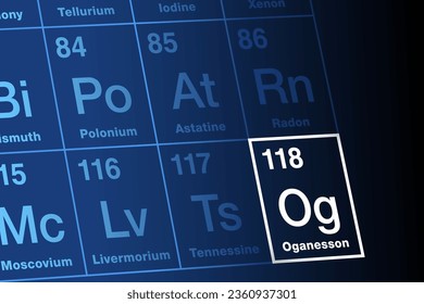 Oganesson on periodic table of elements. Extremely radioactive superheavy synthetic transactinide element. Symbol Og, atomic number 118, named after Russian-American nuclear physicist Yuri Oganessian.