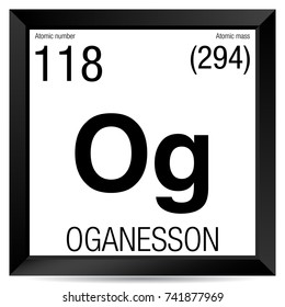 Oganesson symbol. Element number 118 of the Periodic Table of the Elements - Chemistry - Black square frame with white background