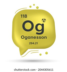 Símbolo de Oganesson. Burbuja del discurso, póster y concepto de pegatina. 3.ª burbuja de habla