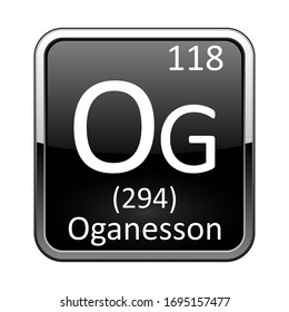 Oganesson-Symbol.Chemisches Element des Periodensystems auf glänzendem schwarzem Hintergrund in einem silbernen Rahmen.Vektorillustration-Illustration.