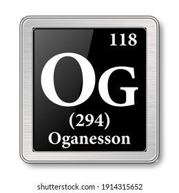 Símbolo de Oganesson.Elemento químico de la tabla periódica sobre un fondo negro brillante en un marco plateado.Ilustración vectorial.
