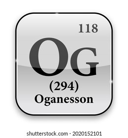 Oganesson symbol.Chemical element of the periodic table on a glossy white background in a silver frame.Vector illustration.