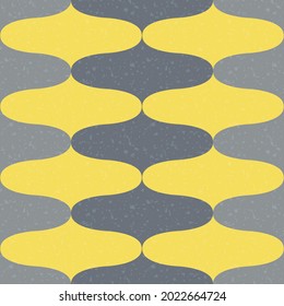 Ogee abstract vector seamless pattern background with retro onion shapes. Elegant geometric backdrop in grey and yellow with terrazzo flecked blended texture. Bold symmetrical historical style repeat