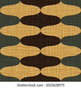 Ogee abstract vector seamless pattern background with retro onion shapes. Elegant geometric backdrop ochre, black, green with linen burlap blend texture. Bold symmetrical retro style repeat
