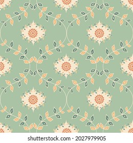 Ogee foliage vector seamless pattern background with hand drawn leaves and ornamental flowers. Elegant geometric foliage historical backdrop in pastel sage green. Traditional botanical repeat.