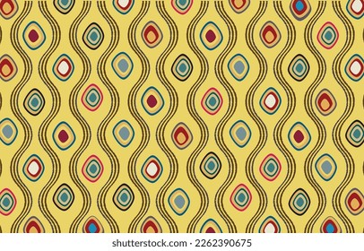Ogee Ikat Pattern. Abstract, Doodle multicolor in yellow background. Design for wall art, textile, garment, cloths, fashion, Restro vintage style of country.