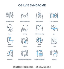 Ogilvie Syndrome symptoms, diagnostic and treatment vector icons. Medical icons.