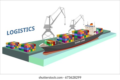 ogistics port, ship, freight, warehouse, terminal, loading, unloading, truck, container ocean, sea, delivery truck lorry seaport
