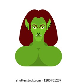 Ogre woman face. Green goblin Female portrait. 
